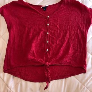 Red button down tie front top